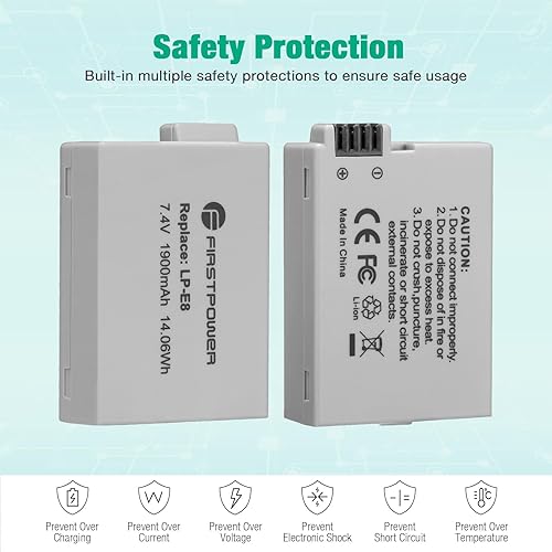 Miniatura 4 de FirstPower Paquete de 2 baterías LP-E8 compatibles con Canon EOS Rebel T5i, T4i, T3i, T2i, EOS 550D, 600D, 650D, 700D, Kiss X4, Kiss X5, Kiss X6,