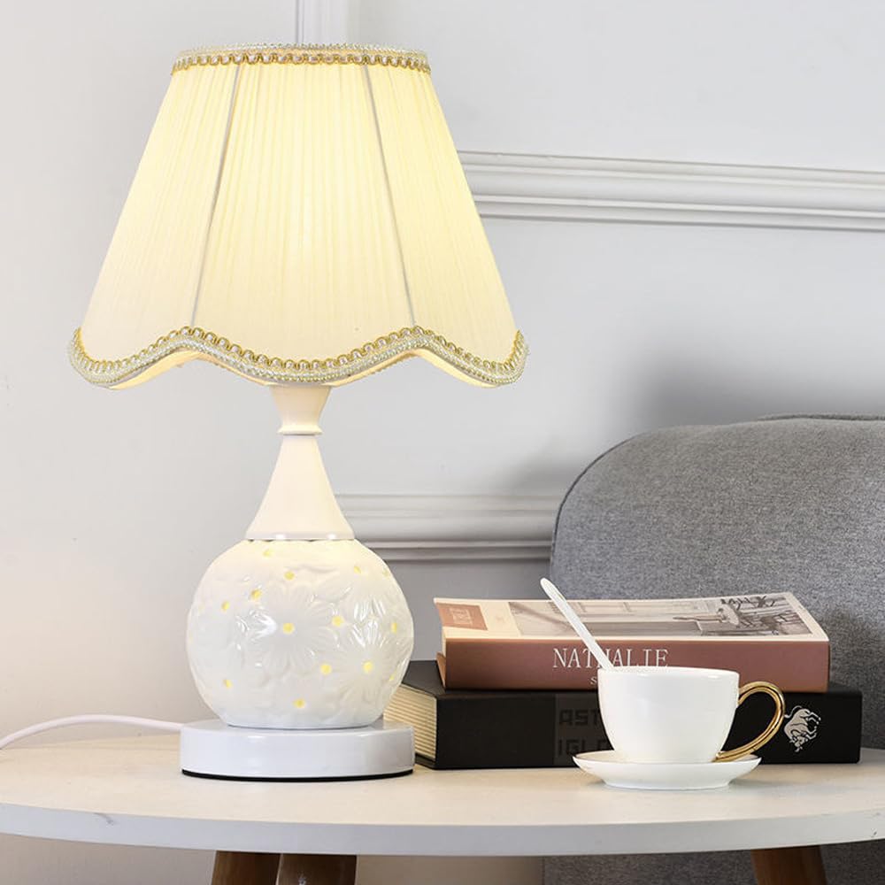 Mengjay Tischlampe Retro Keramik,E27 Tischleuchte Deko Wohnzimmer,Vintage Nachttischlampe mit Stoff Lampenschirm,Schreibtischlampe Schlafzimmer Kinderzimmer Büro Deko (Beige)