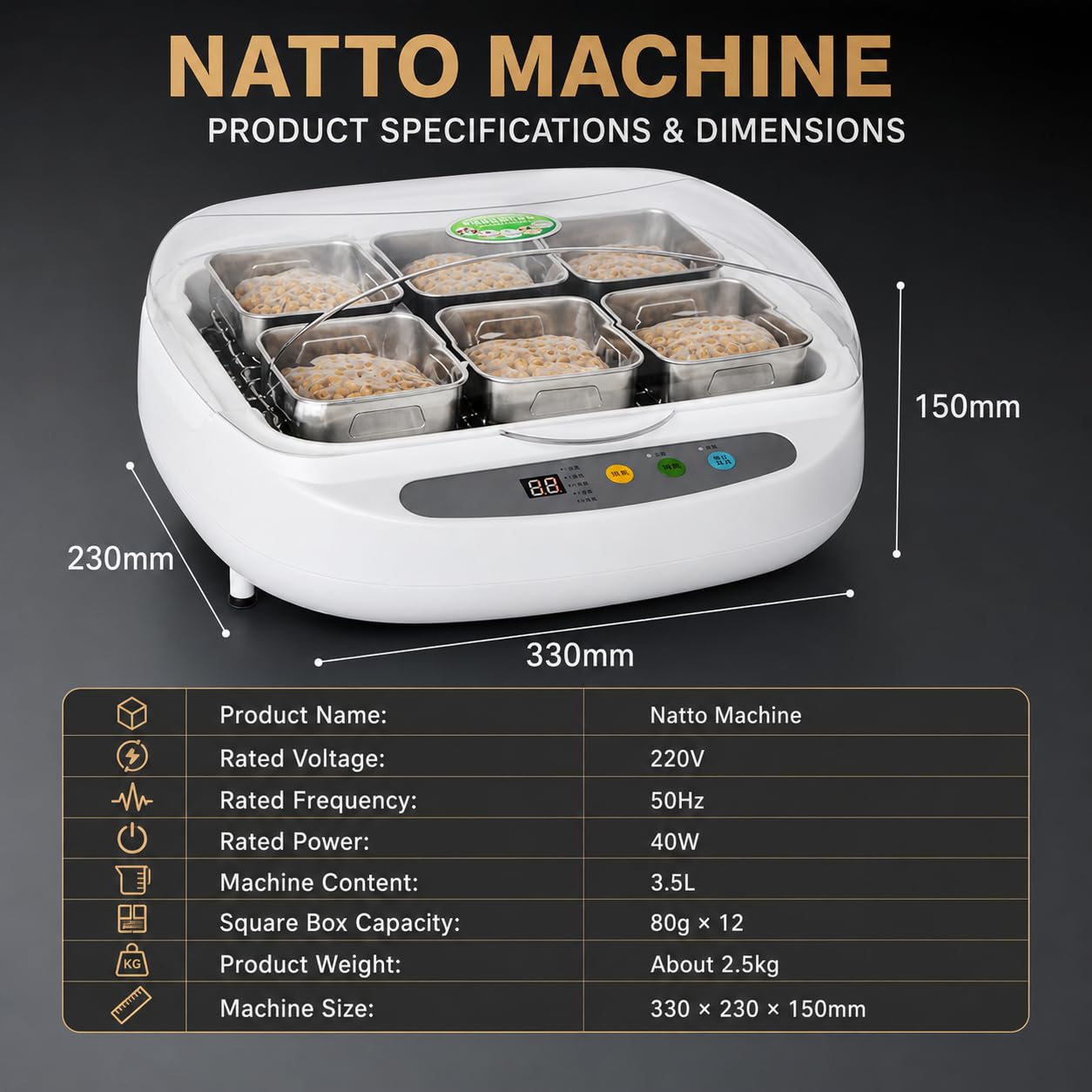 Fermentador eléctrico automático de natto de 3,5 L, de acero inoxidable con control inteligente para producción de natto, yogur y tempeh