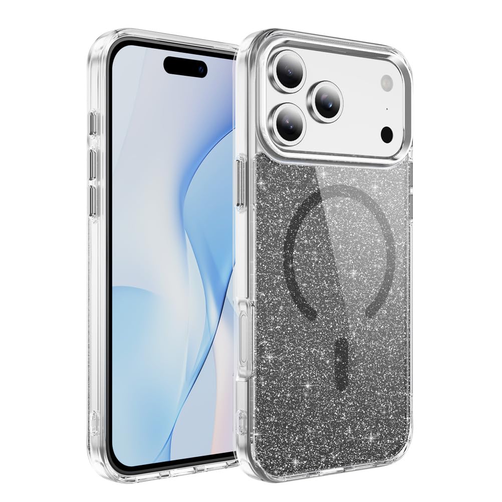 Magnetisch Hülle für iPhone 17 Pro Max/17 Pro/17 Air/17, Dünne Glitzer rutschfeste Schutzhülle Unterstützt Drahtloses Aufladen Handyhülle,Schwarz,17 Pro