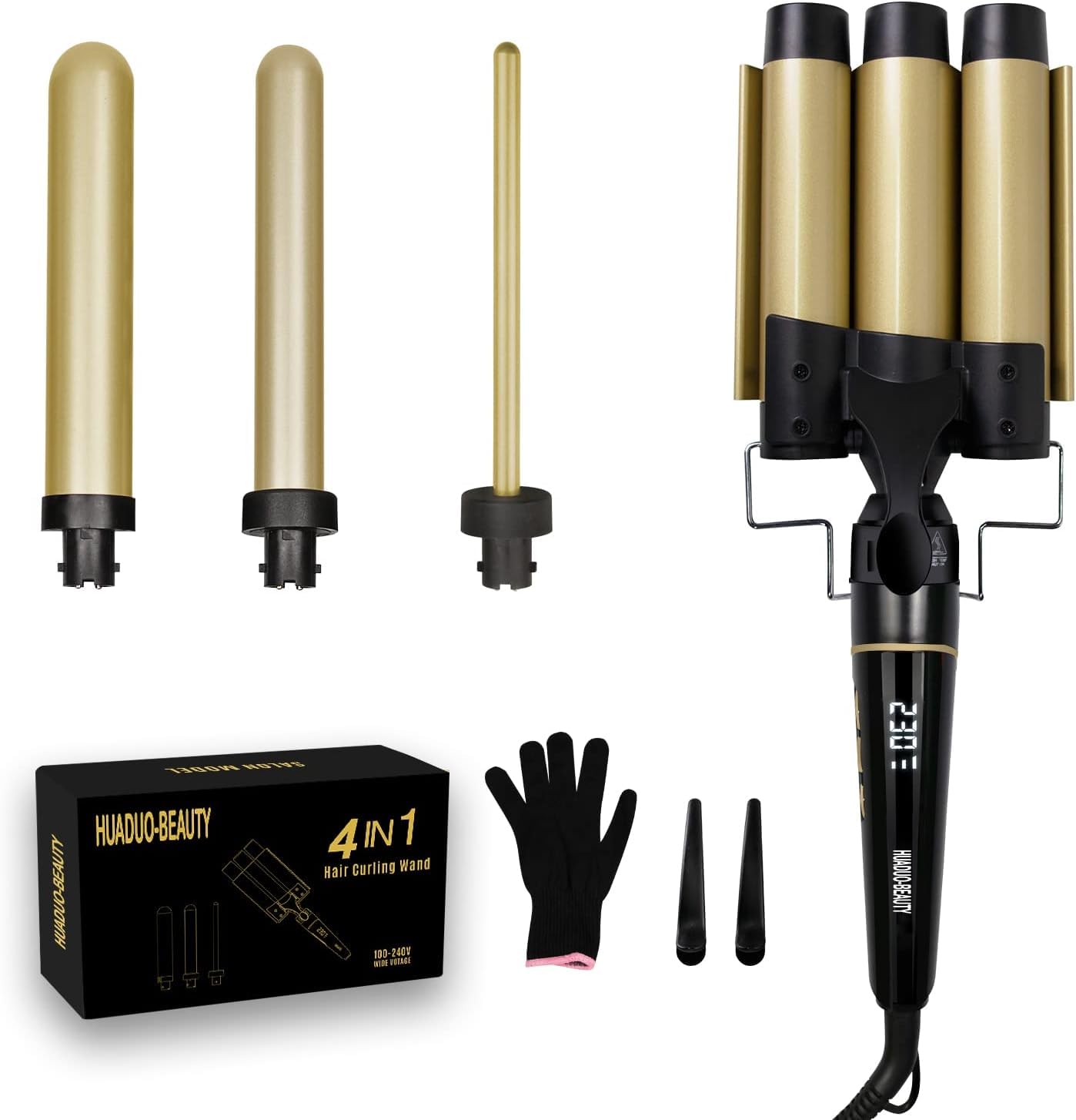 4 in 1 Lockenstab Set,3 Fässer Welleneisen 32mm Keramik mit Lockenstab Große Locken,Welleneisen Verschiedenen Aufsätzen Einstellbare Temp Schnellaufheizung für Lange und Kurze Haare