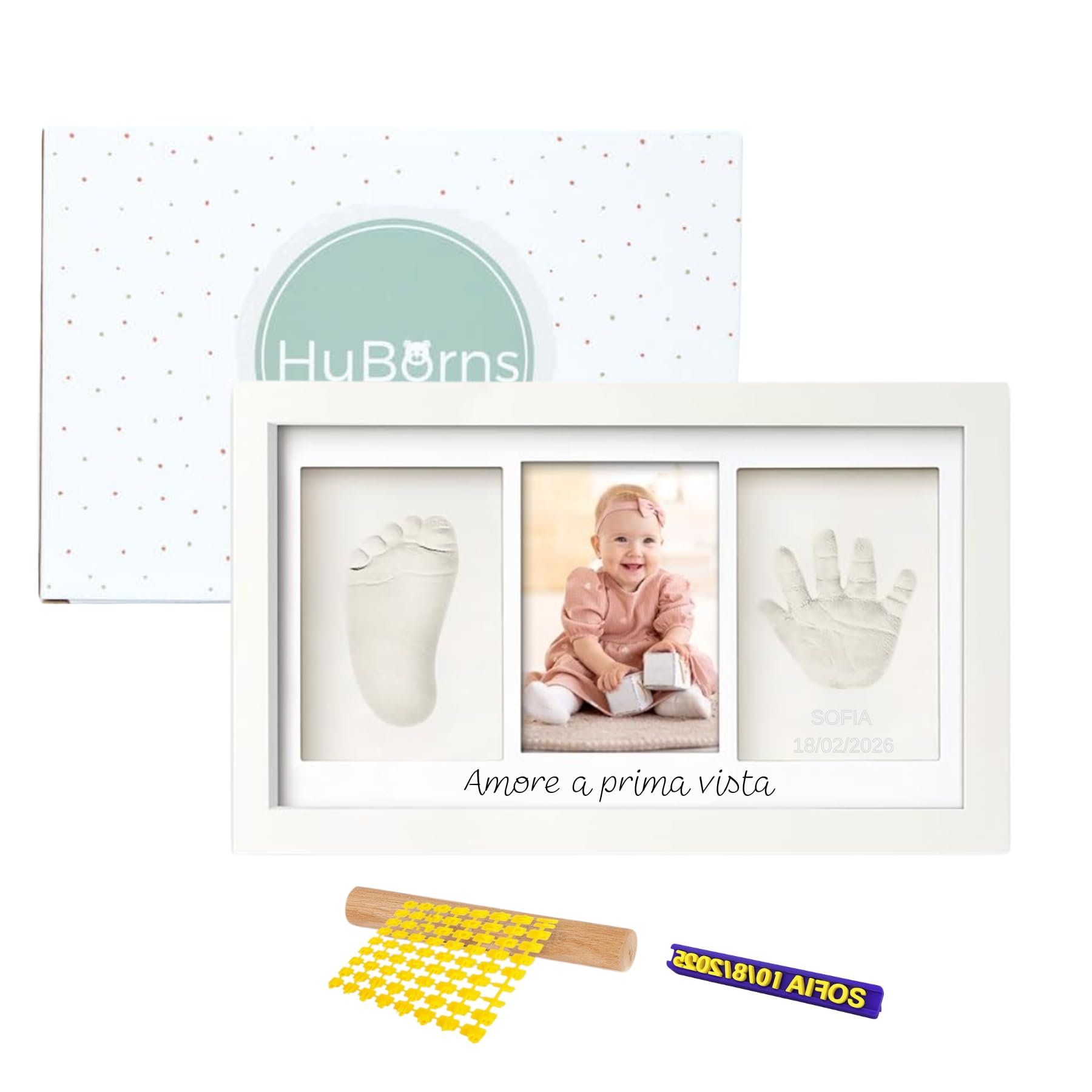 Kit impronte neonato con argilla e cornice per calco mani e piedi, idea regalo nascita o battesimo, ricordo originale bianco