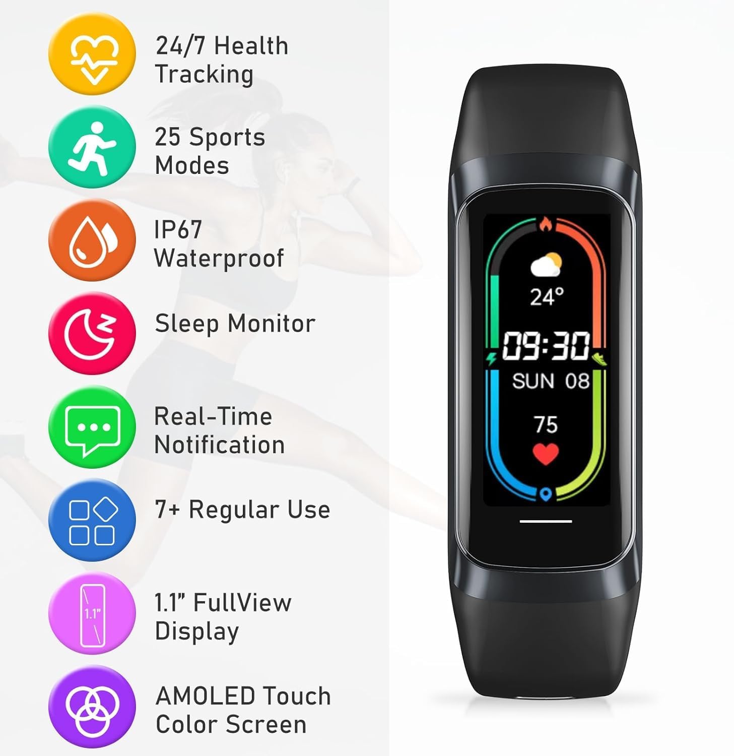C60 Smart Activity Tracker displaying various features like 24/7 health tracking, 25 sports modes, IP67 waterproof, sleep monitor, real-time notifications, 1.1 inch FullView display, and AMOLED touch color screen.