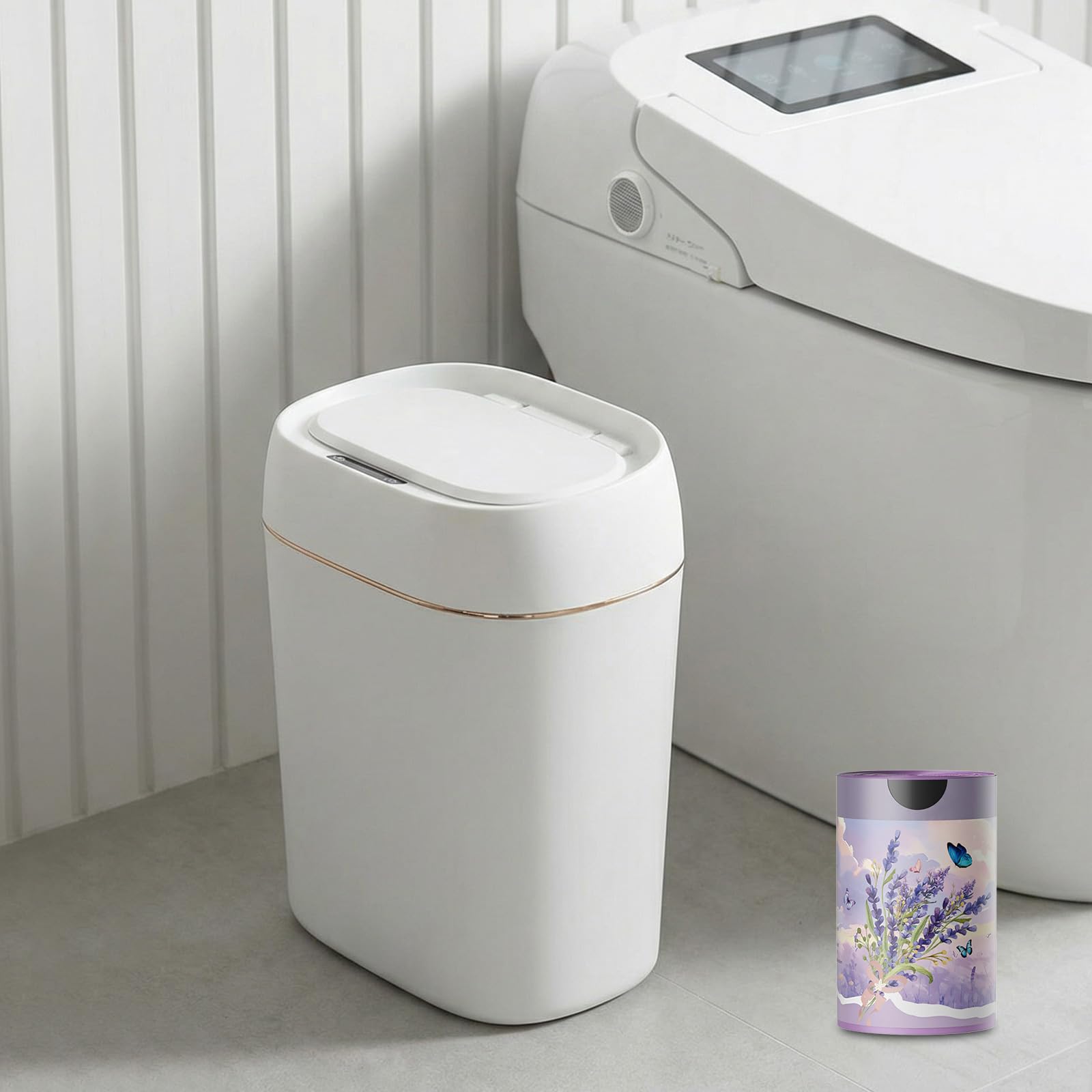 Sensor Bathroom Bin with Lid, 13L Smart Motion Sensor Bin, Waterproof Motion Sanitary Trash Bin, Bathroom Accessories, Narrow Small Garbage Bin for Bedroom, Living Room, Narrow Space - White