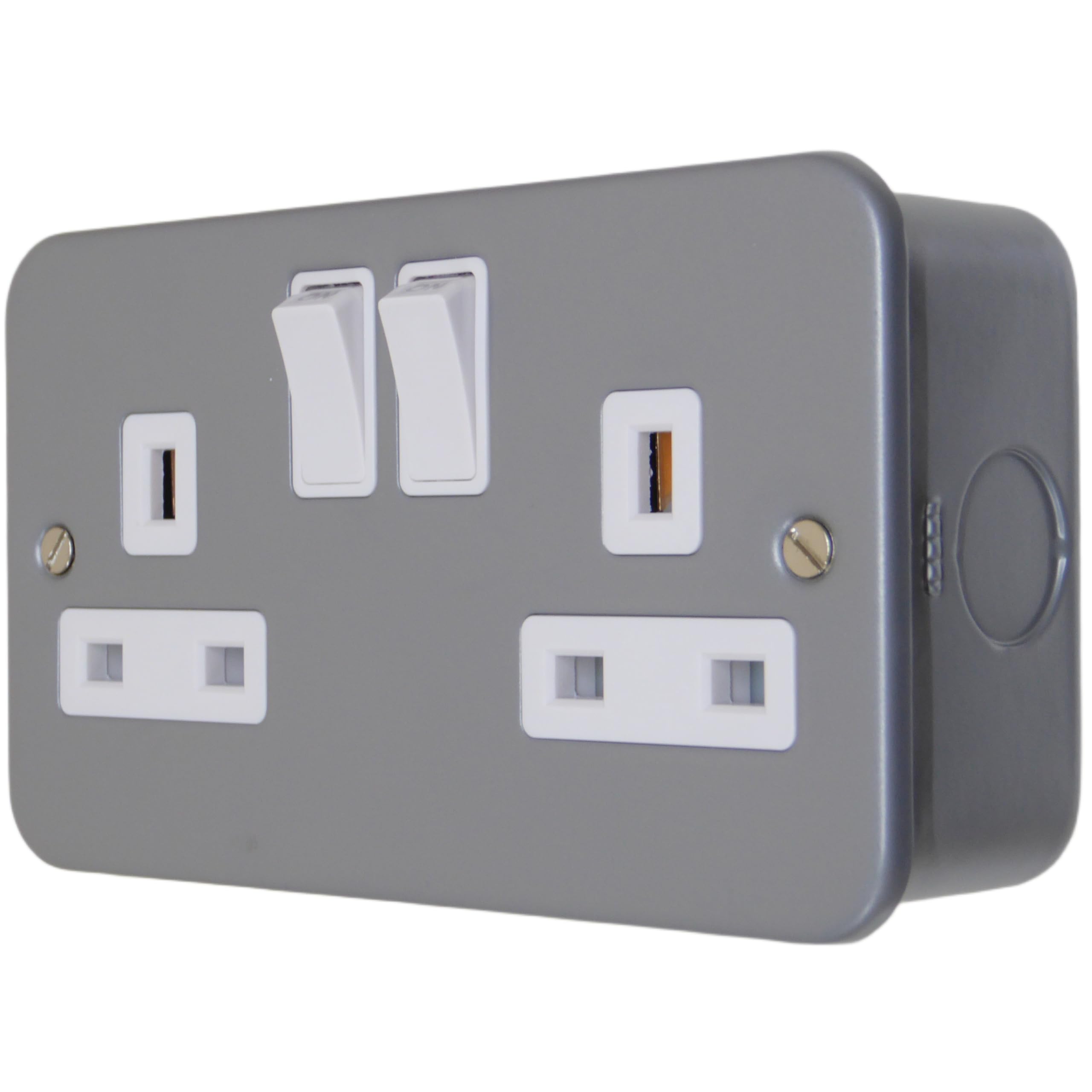 Metal Clad Double Pole Socket 2 Gang 13A Switched with Back Box - Heavy Duty For Garage, Shed, Workshop (1 x Socket)