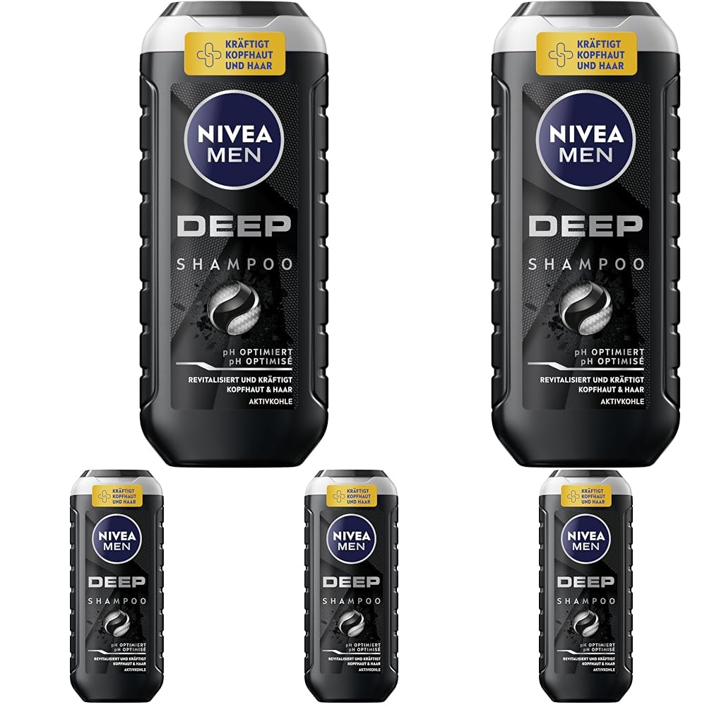 NIVEA MEN Deep Shampoo (250ml), gegen fettiges Haar und Kopfhaut mit Aktivkohle, revitalisierendes Männershampoo für ein langanhaltendes Frischegefühl, tiefenreinigend (Packung mit 5)