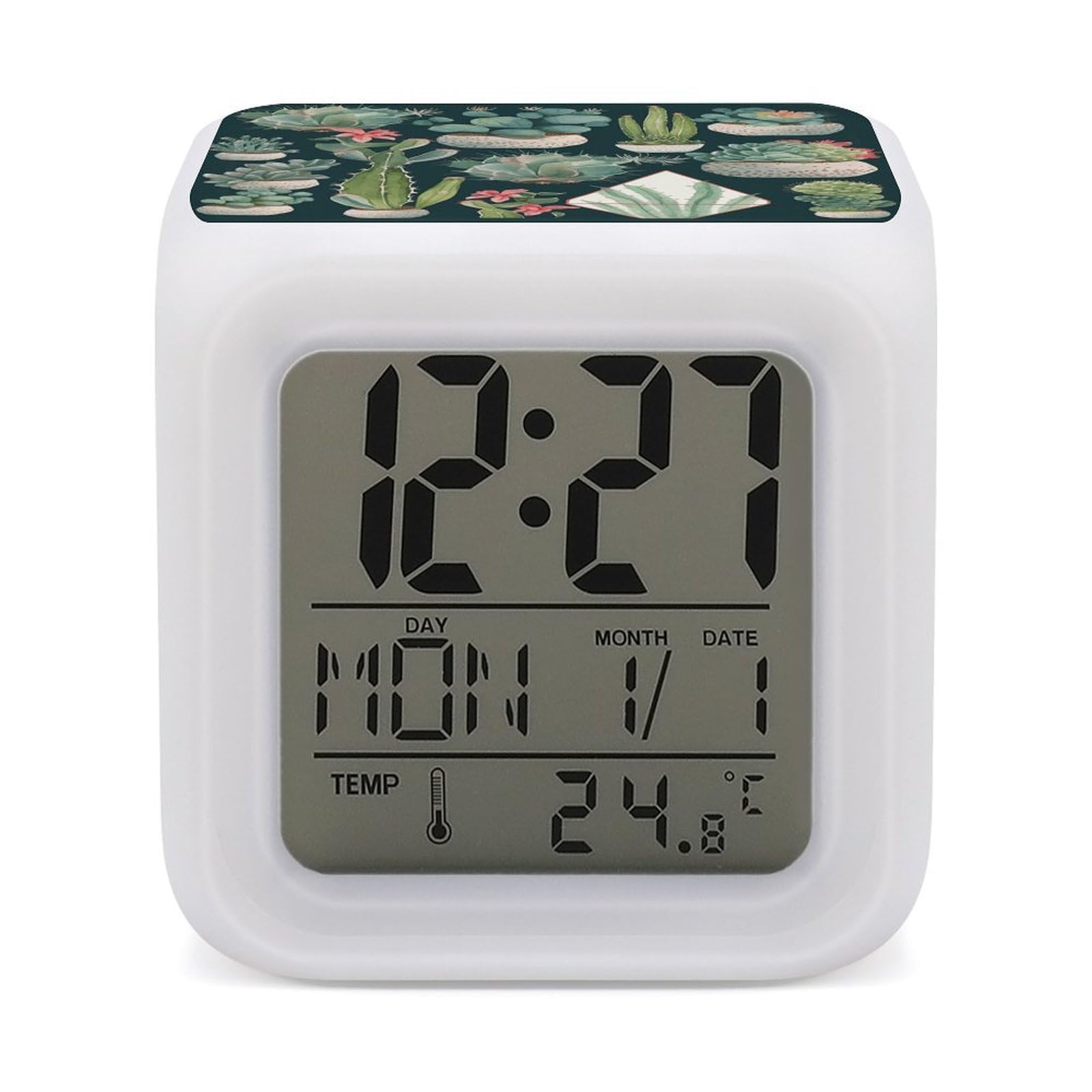 VstaDank Succulent Plants and Cactus Alarm Clock 7 Color Changing LED Wake-Up Clocks Printed Home Decoration Multi-Color Night Light Digital Alarm Clock with Temperature Display for Home Office