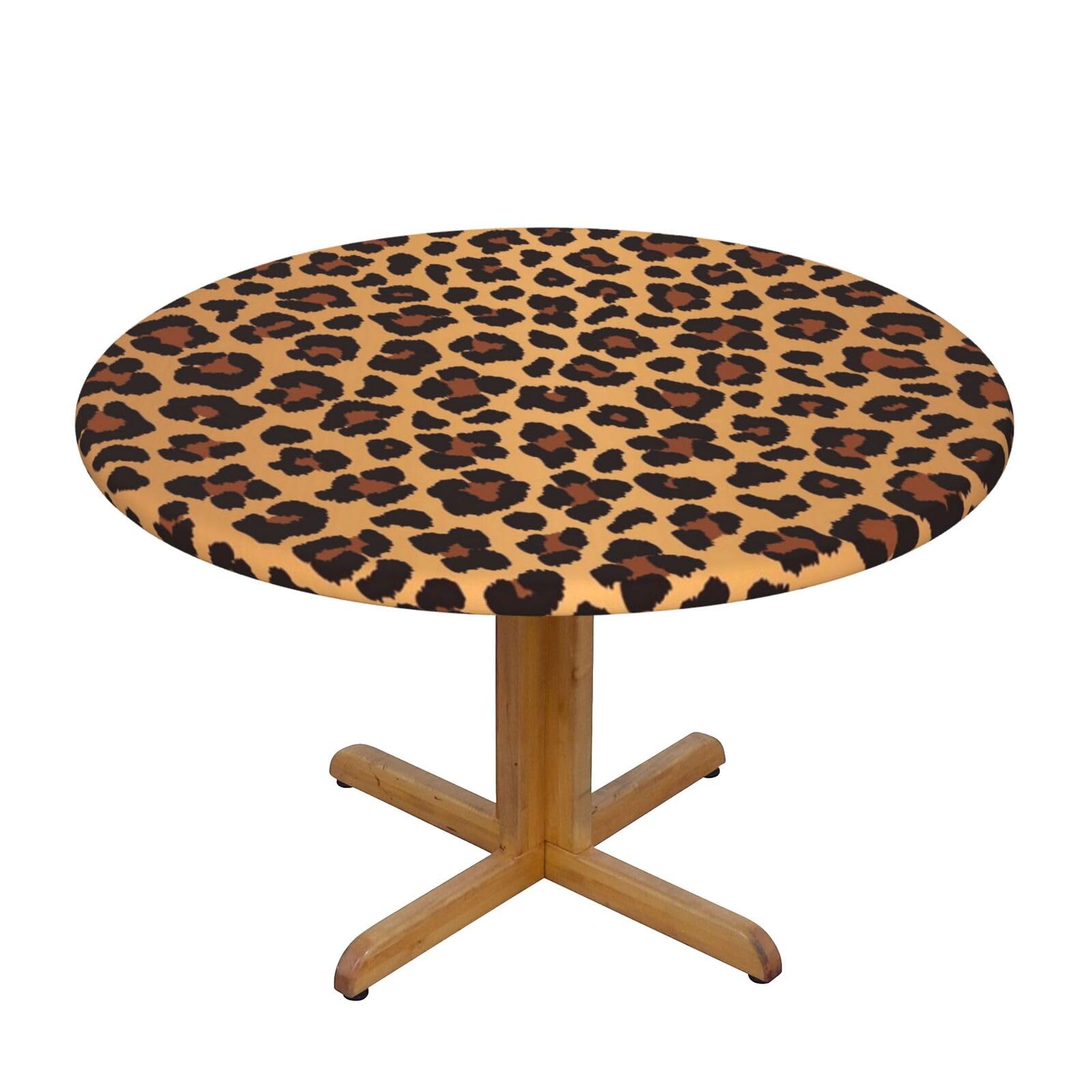 Ffshkowe Leopard Pattern Elastic Round Tablecloth Oil Proof Table Cover For Dining Party Picnic