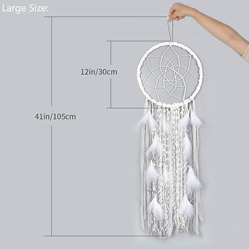 Miniatura 6 de Alynsehom Atrapasueños extragrande para niños, decoración para colgar en la pared, hecha a mano, plumas blancas, bohemios, grandes atrapasueños con