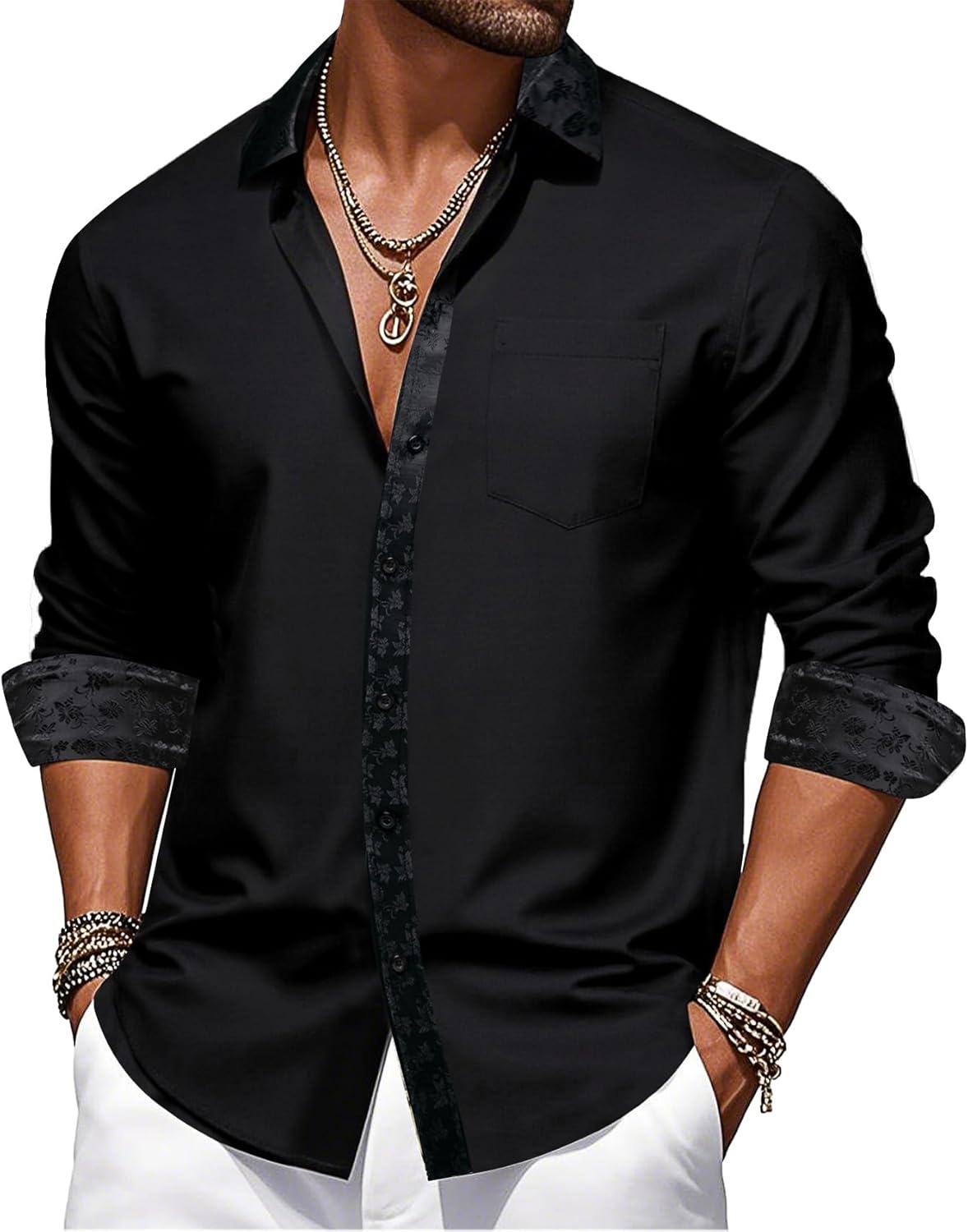 Barry.Wang Mens Business Shirts Long Sleeve Button Down Formal Shirt Collar Cuff Contrast Casual Dress Shirt Party Disco