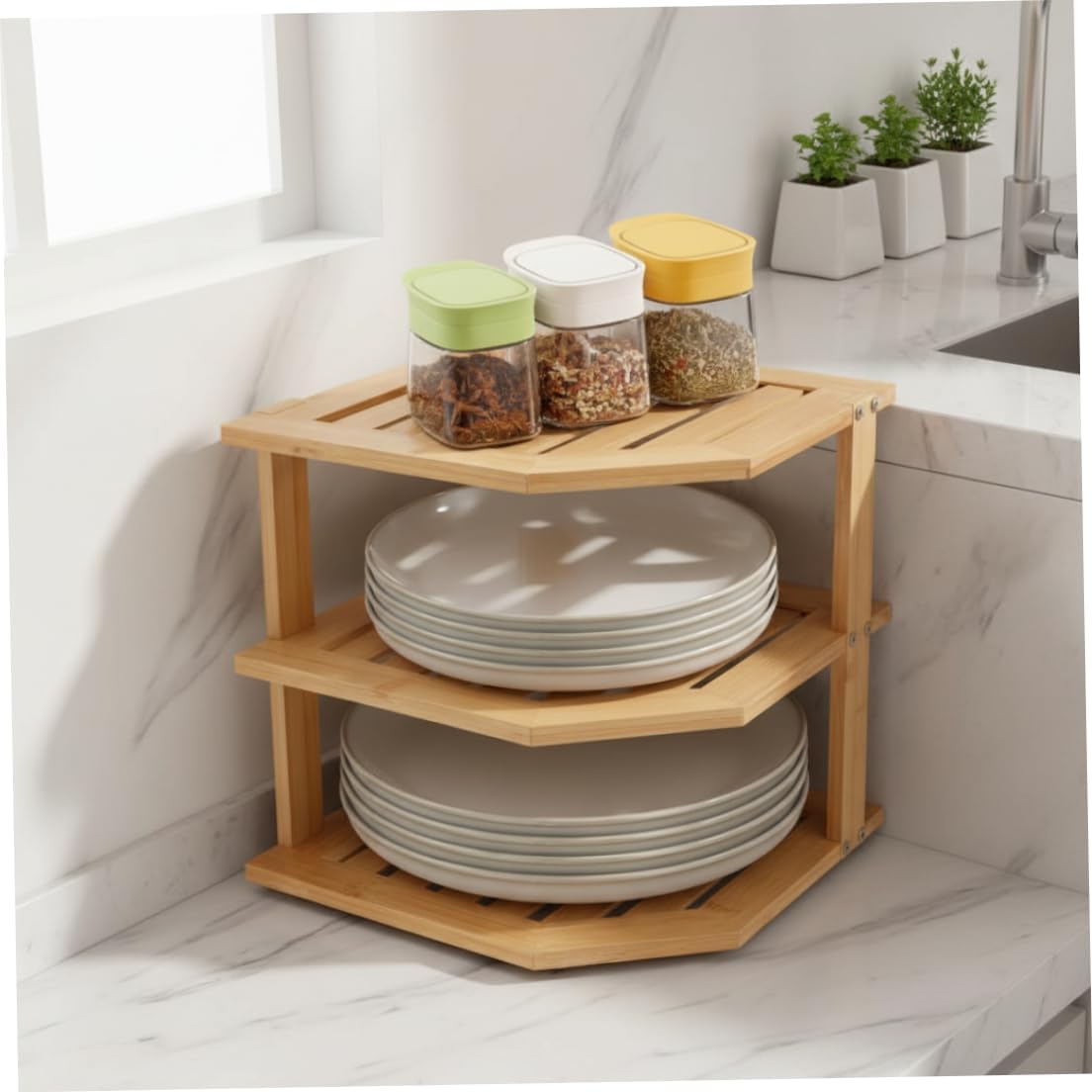 3 Tier Bamboo Corner Shelf, Space Saving Cabinet Organizer for Plates and Bowls, Bamboo Kitchen Shelf for Countertop and Cabinet Storage..
