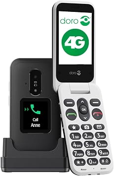 Doro Leva E30-4G Flip Phone for Elderly - Large 2.8 Screen, External Display, High Contrast Keys, Loud & Clear Sound, Camera Secure Button - Charging Cradle - Black/White