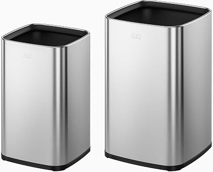 EKO 2-Pack Open Top Trash Can with Removable Inner Basket, Square Small Garbage Can, 1.8 + 3.2 Gallon Wastebasket Combo for Kitchen, Bathroom, Office, Home Stainless Steel