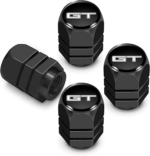 iPick Image Para Ford Mustang GT en negro sobre negro con forma hexagonal de aluminio tapas de vástago de válvula de neumático