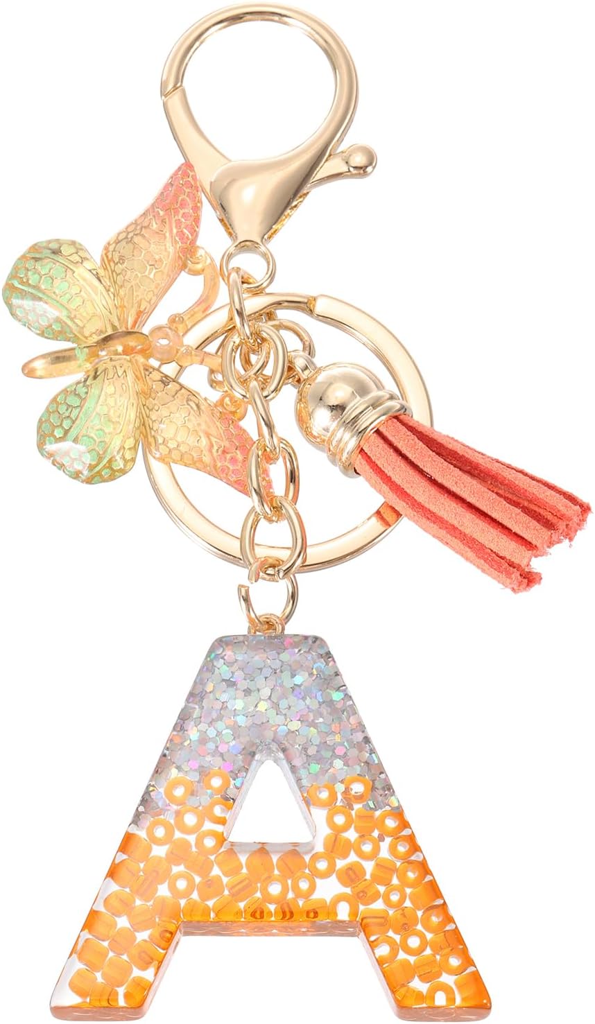 MECCANIXITY Initial Letter Keychain, Cute Tassel Butterfly Keychain Letter Charm for Women Girls Key Purse Handbag