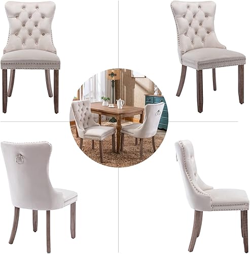 Miniatura 8 de Juego de 4 sillas de comedor de terciopelo beige, sillas de comedor tapizadas con adorno de tirador de anillo trasero y patas de madera maciza,