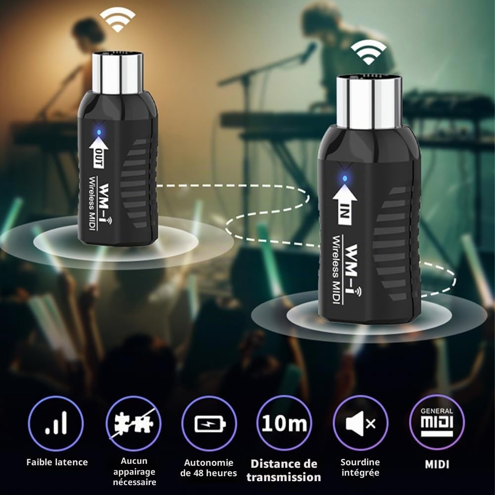 Sanfoelek Adaptateur MIDI sans fil o émetteur récepteur 2,4 GHz ultra faible latence intégré silencieux connecteur MIDI portable pour instruments à vent guitare piano numérique clé