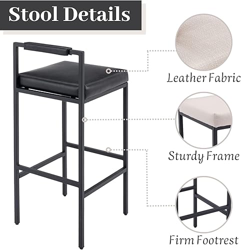 Miniatura 5 de Juego de 2 taburetes de bar negros de piel sintética con patas de metal, taburetes industriales de 30 pulgadas con respaldo tapizado para isla de
