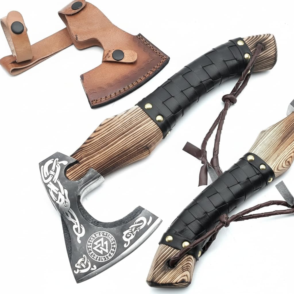 Viking Axe Ashwood Handle Handmade Carbon Steel Blade, Outdoor Camping Hunting, Norse Hatchets Axes, with Black Leather Wrapped Handle & Leather Sheath Wood Splitting Axes