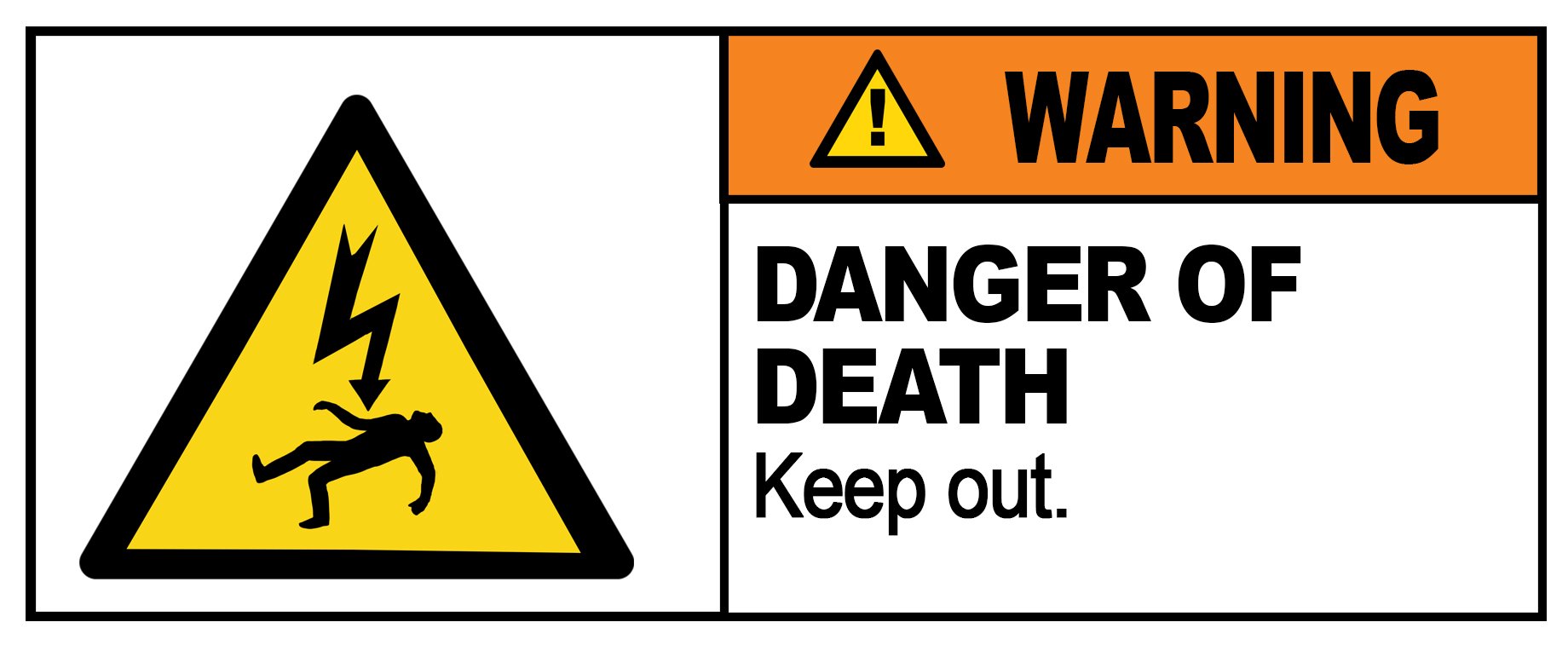 2 x WARNING - DANGER OF DEATH KEEP OUT - Warning Sign Removable Self Adhesive Waterproof Durable Vinyl Label Sticker 225mm x 106mm