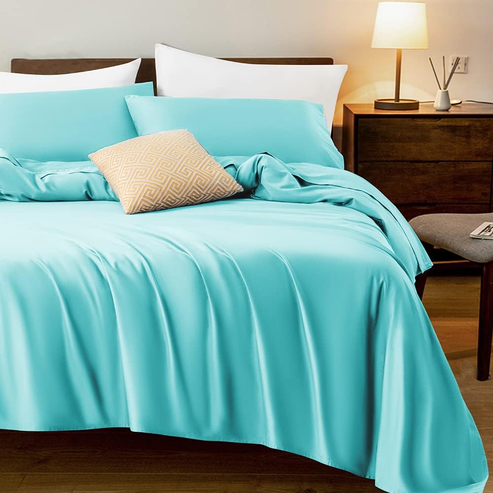 LIANLAM 1200 Thread Count Cotton King Size Sheets, Luxury Egyptian 100% Cotton Bed Sheets Set, 16-Inch Deep Pocket - Breathable and Wrinkle - 4 Piece (Seafoam, King)