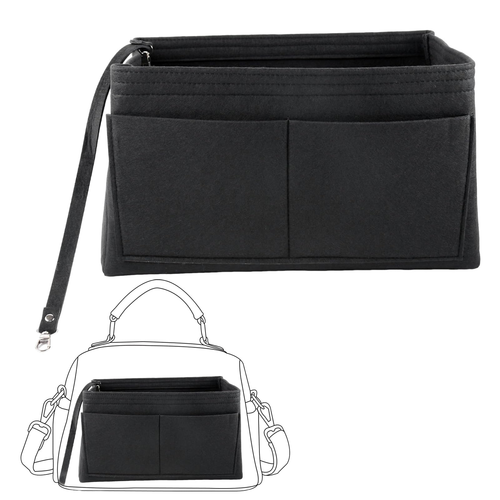 XURUIAU Zipper Felt Storage Bag Organizer for Tote Bags and Handbags, Multi Pocket Handbag Insert Perfect for Tote Storage and Bag Organization, Black