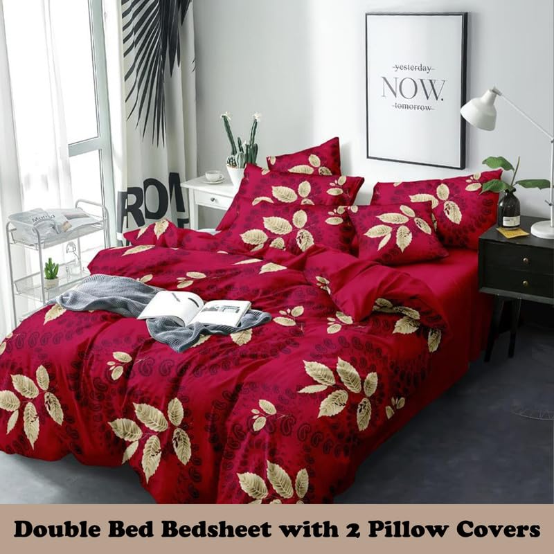 Image of Polycotton Double Bed Bedsheet, Flat Sheet with 2 Pillow Covers, Queen (90x100 inch), 300 TC, Red & Golden, Set of 3