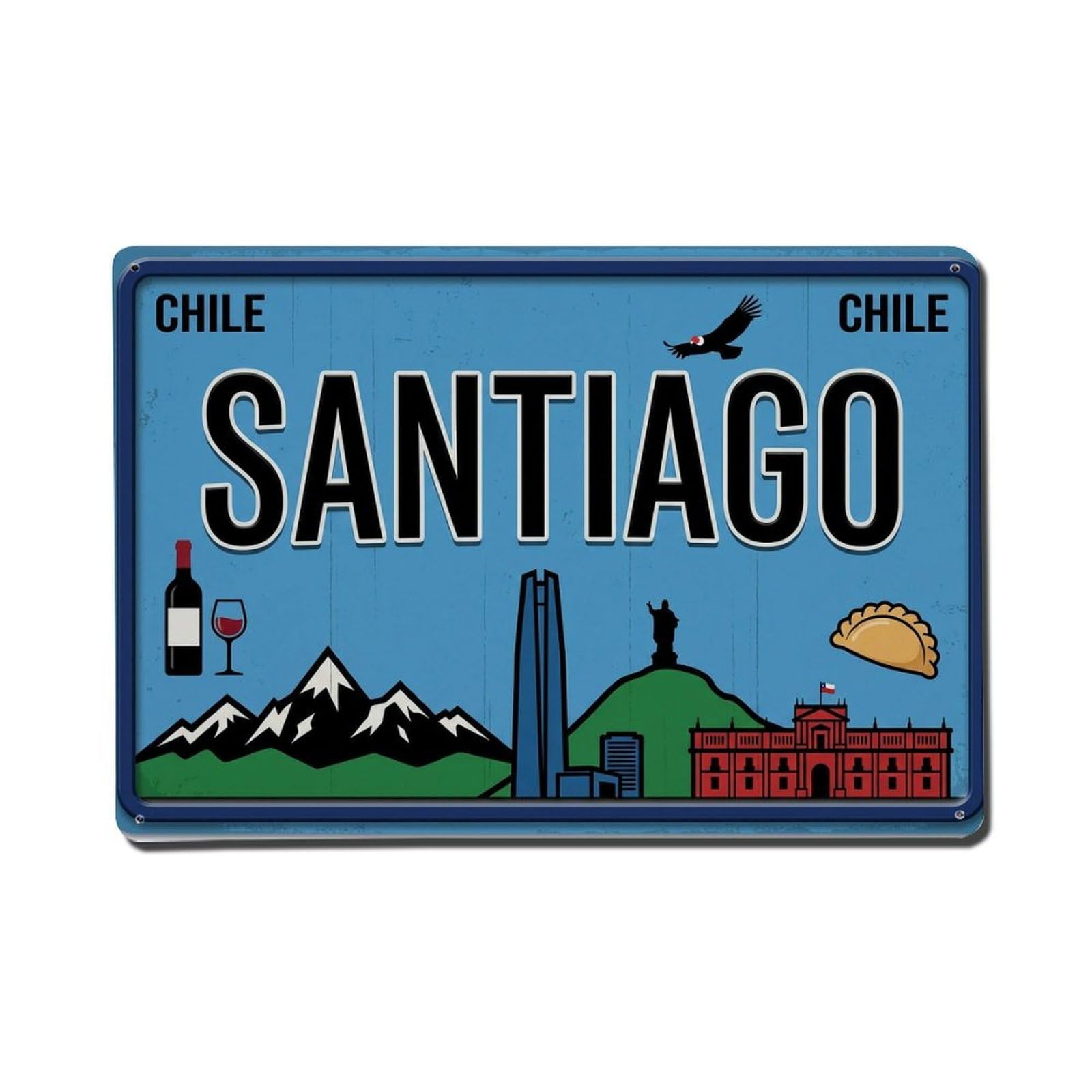 Xanthor Style Vintage Travel Santiago Chile Andes Wine Metal Tin Sign
