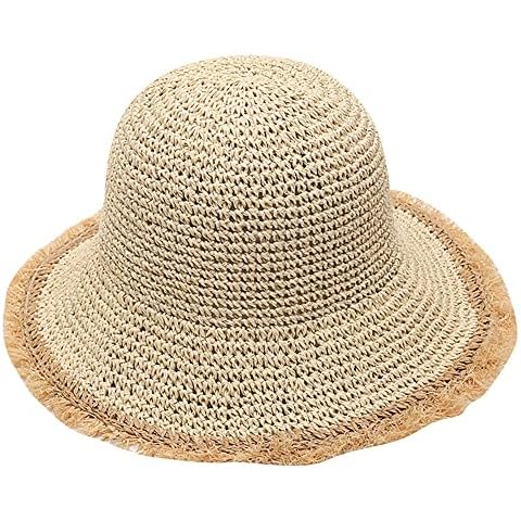 Womens Summer Frayed Straw Bucket-Sun-Hats Floppy Wide Brim Beach Straw Bucket Hat (Large/60cm), Beige, M Cover