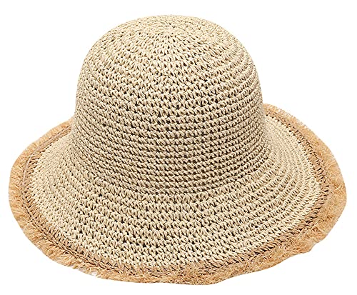 Womens Straw Sun Hat Wide Brim Floppy Summer Beach Hats Frayed Crochet Bucket Hat Foldable (M, Beige) #TOP11