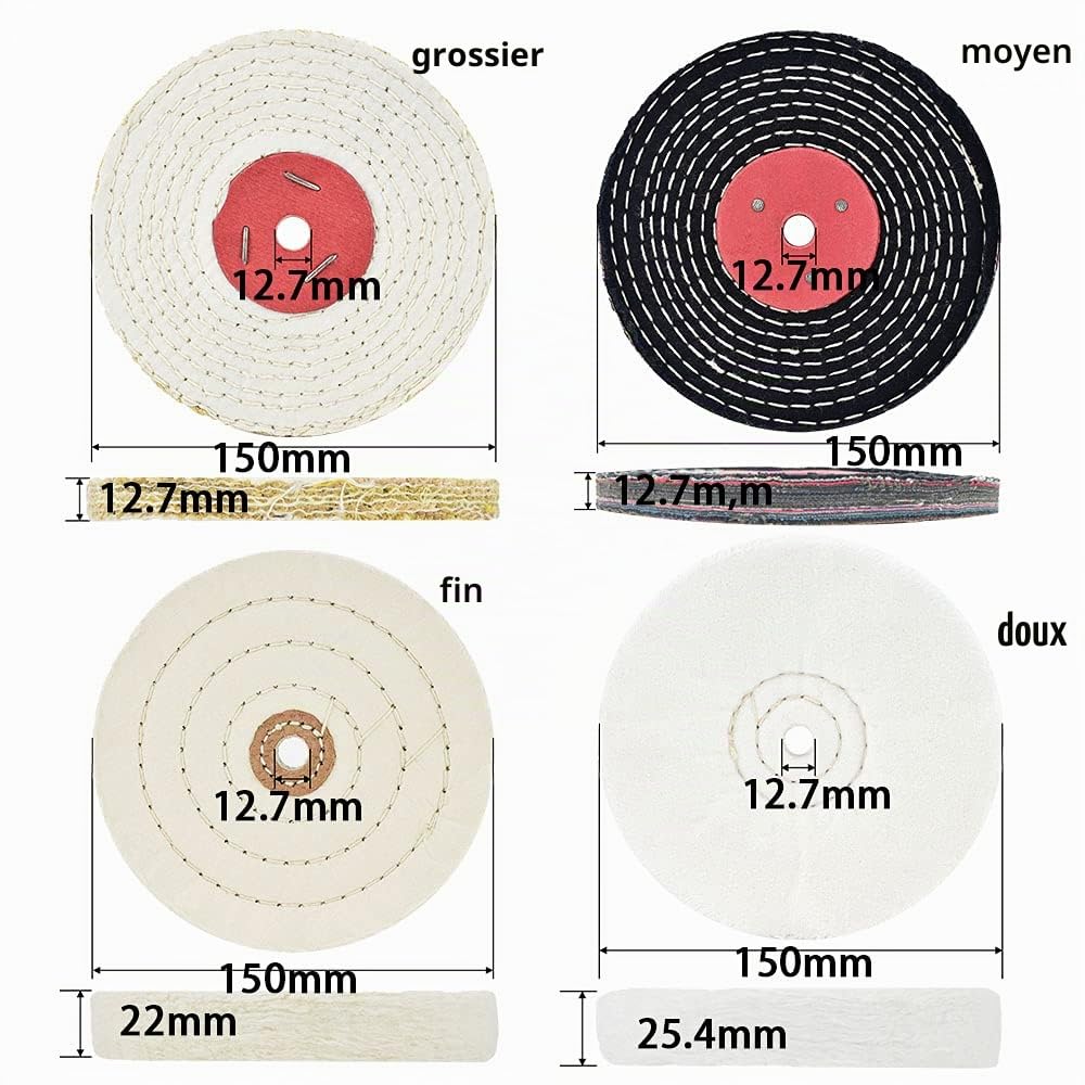 Disque de polissage de 150 mm - Pour ponceuse avec trou de mandrin de 12,7 mm (doux et fin) et de 12,7 mm (moyen et grossier) - 4 pièces