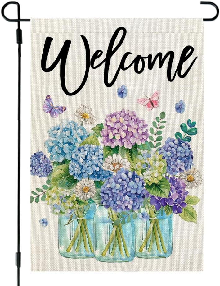 CROWNED BEAUTY Spring Garden Flag Hydrangea Mason Jars Double Sided 12x18 Inches Small Burlap Welcome Holiday Seasonal Yard Decoration for Outside Porch CF1759-12