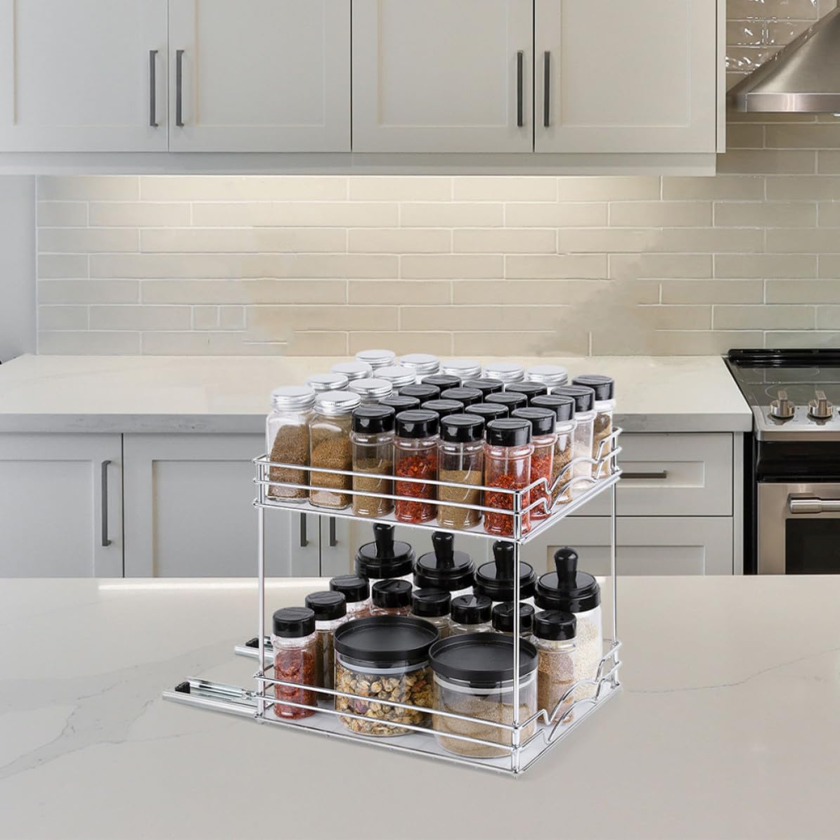 Estante Doble Soporte para Botellas de Condimentos para Especias de Cocina de Metal Diseño Vertical para Optimizar Espacio en Cocina Pequeña
