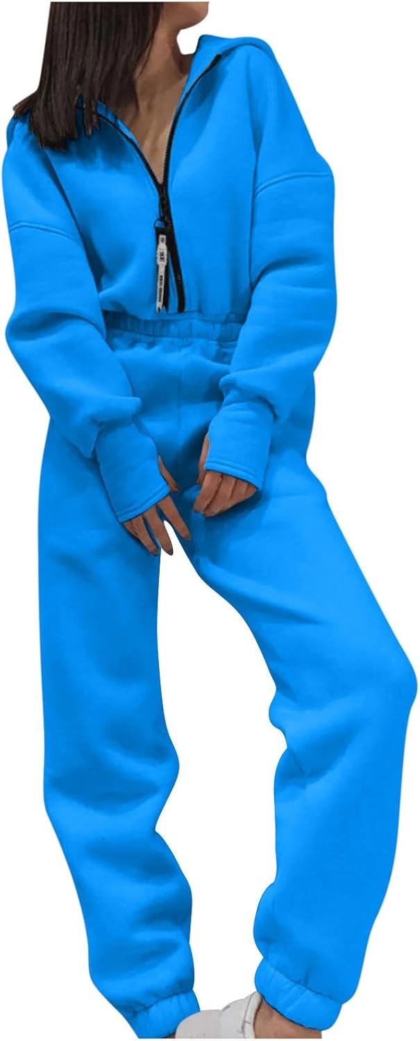 HGps8w Jumpsuits for Women Long Sleeve Romper One Piece Outfits Fall Zip Sweatshirt Jogger Sweatpants Sweatsuit Tracksuit