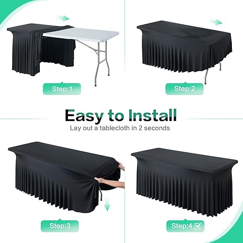 Miniatura 7 de Mantel de elastano negro de 6 pies para mesas rectangulares de 6 pies, paquete de 6 manteles elásticos sin arrugas para fiestas, bodas, cumpleaños,