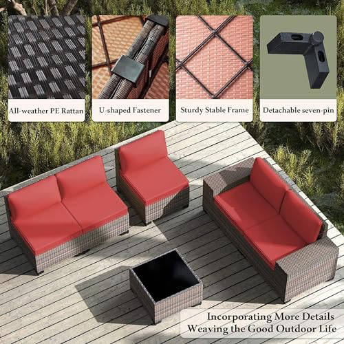 Image of 12 PCS Outdoor Patio Furniture Set,Outdoor Sectional Furniture All Weather PE Rattan Wicker Patio Conversation Set with 2 Coffee Tables and 10 Thickened Cushions,Red