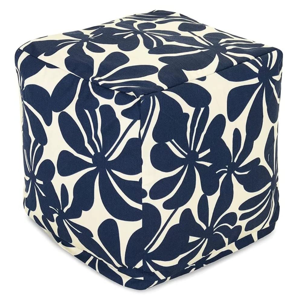 Luxurious Fluffy 17'' Wide Square Floral Pattern Cube Ottoman | UV & Fade Resistant Cozy Addition to Any Outdoor Arrangement Vanity Stool Super Soft Extra Plush Comfy Bench Patio Navy Blue Color