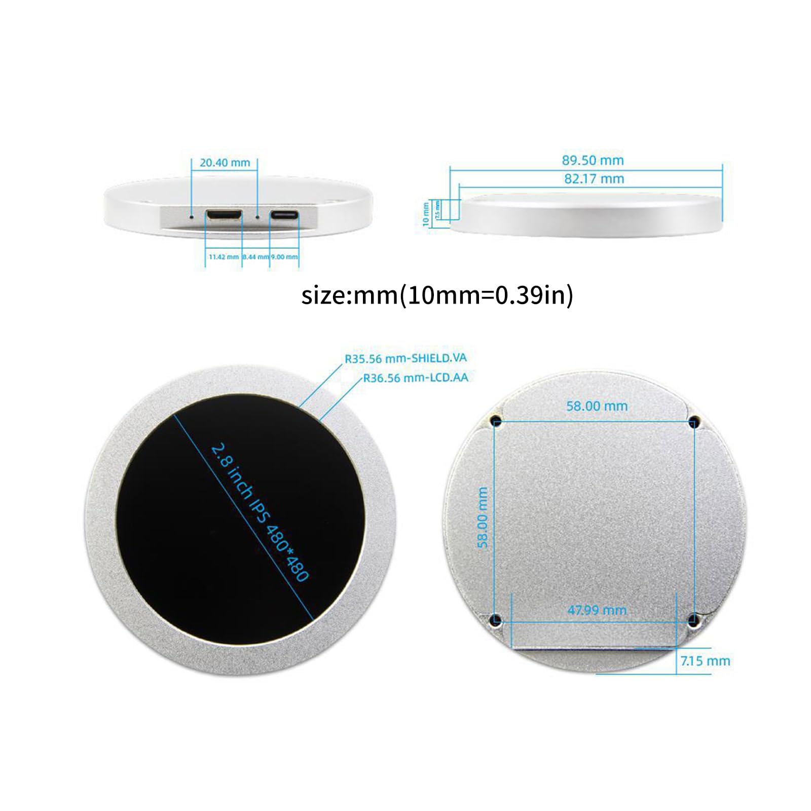 7,1 cm (2,8 Zoll) rundes LCD-Display für Computer-Hardware, UditoryMonitoring über USB Typ C, 480 x 480 Auflösung, Gehäuse-Bildschirm