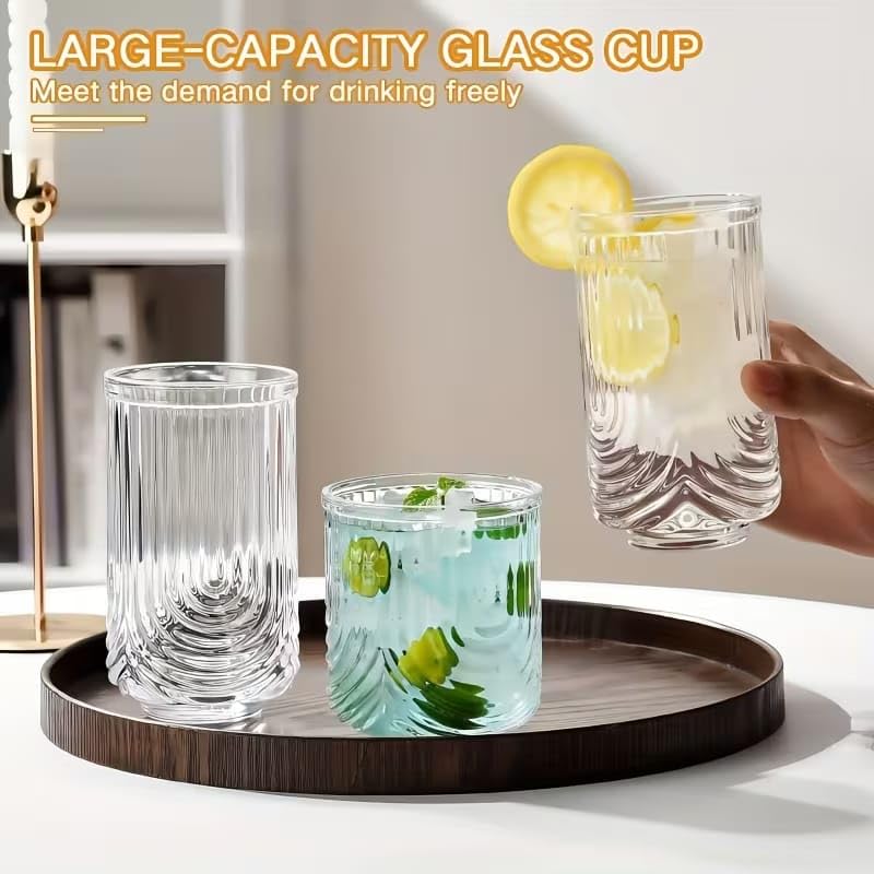 Image of PrimeWorld Vintage Ripple Highball Glass Set of 6 - 370 ml | Fashioned Transparent Cocktail Glassware | Classic Tall Glasses for Water, Juice, Iced Coffee & Bar Beverages