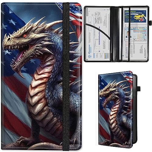 Qindaiwen Car Organizer, Glove Box Document Holder, USA Flag Dragon Pattern, Waterproof, Bi-Fold, Organizes Car Registration, Insurance, Driver License, ID Cards, Essential Info