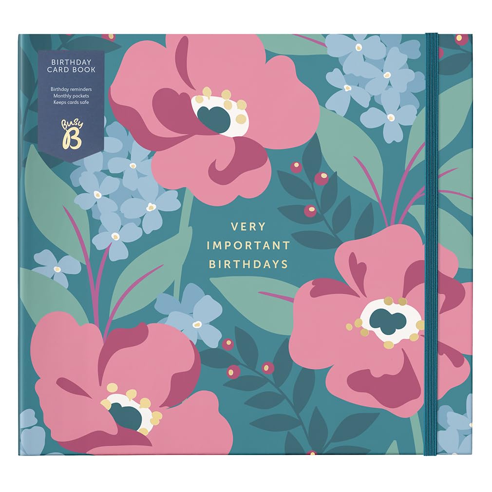 Busy B Birthday Card Book - Teal Floral - 13 Pockets, FSC Certified