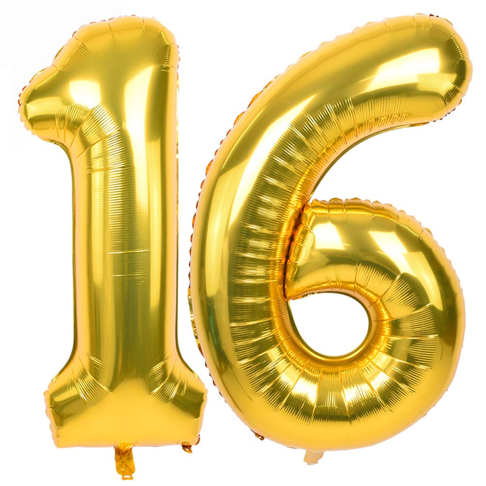 TONIFUL 40 Inch Large Gold Number 16 Balloons Giant Digit 16 or 61 Helium Balloons, Foil Mylar Big Number Balloons for 16th or 61st Birthday Party 16th or 61st Anniversary Supplies Decorations