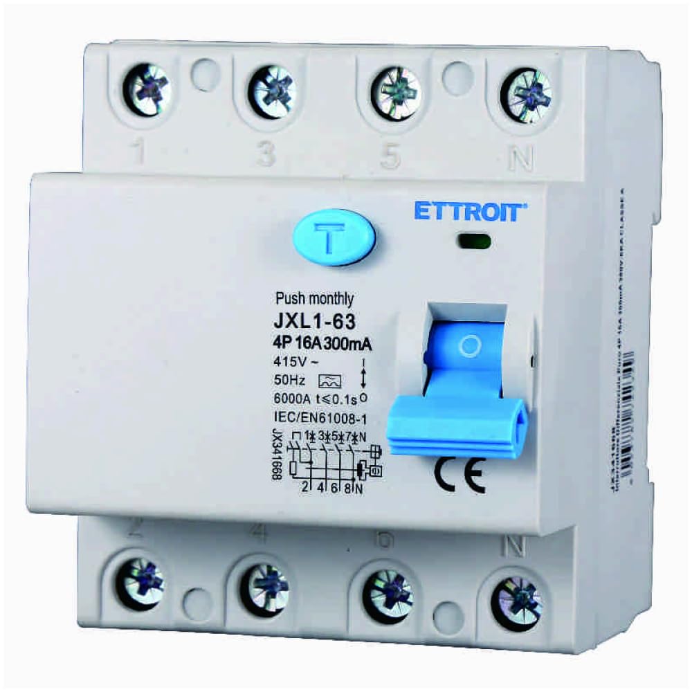 Interruttore magnetotermico differenziale puro 4P, 4 moduli, Tipo AC, 380Vac, 16A, 300mA, 6KA, classe A - Ettroit JX341668