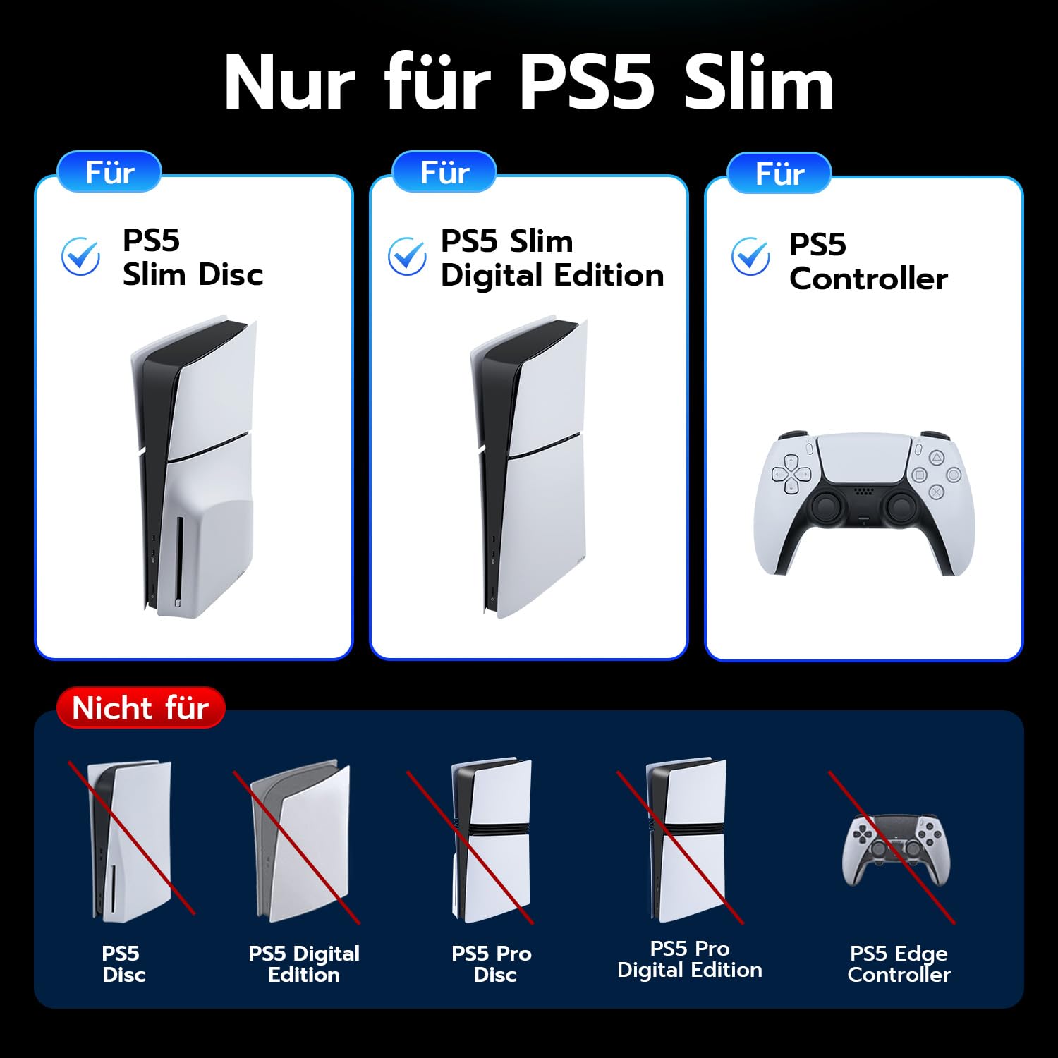 Vertikale Standfuß nur für PS5 Slim, LED Base Station für PS5 Dual Controller Ladestation Dock mit Headset Halterung für PS5 Slim Disc and Digital Editions -Nicht für PS5/PS5 Pro