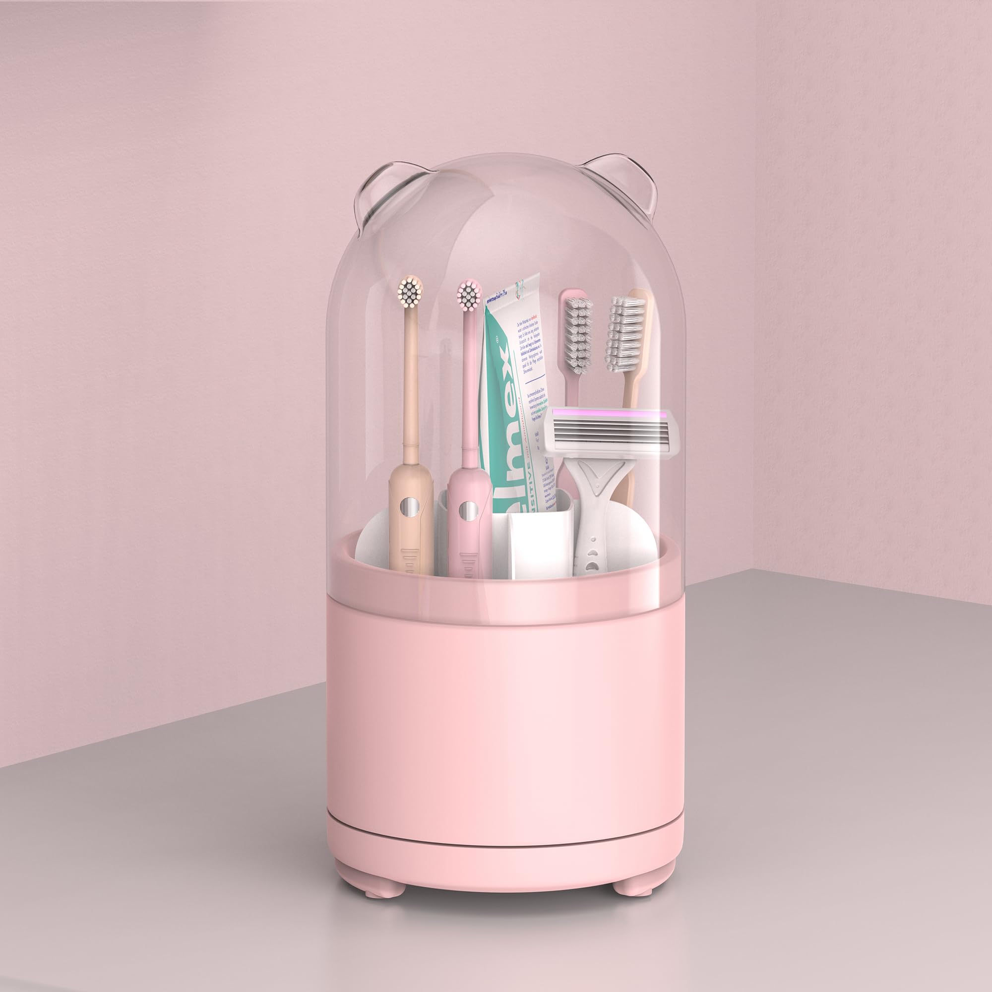 Pink Toothbrush Holders for Bathroom, Kids Rotating Electric Tooth Brush Holder with Lid, Cute Bathroom Toothpaste and Toothbrush Storage Sink Caddy Organizer Countertop Accessories