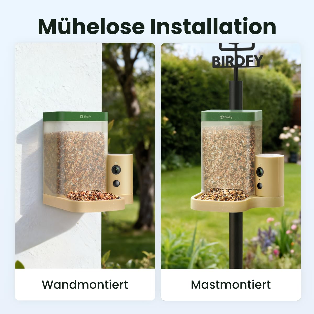 Birdfy Smart Vogelfutterhaus mit Kamera für Anfänger, Solarbetriebener Vogelfutterautomat für den Außenbereich mit doppelter Nachtsicht, KI Vogelerkennung kostenlos, Zeitlupe und Schutzklasse IP66
