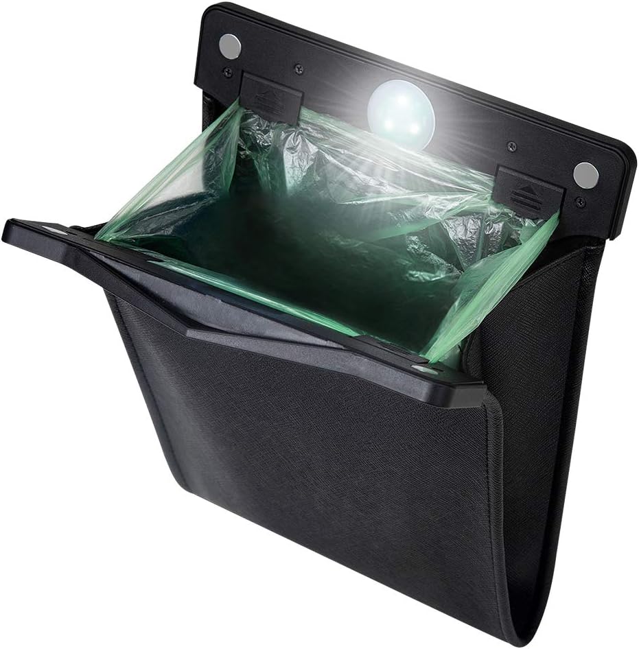 Smart LED Car Trash Can Waterproof Garbage Bag Passenger Side Artificial Leather Storage Pocket Leak Proof Reusable Traveling Portable Offices Toilet Garbage Cans Back Seat Hanging (Black-1pack)