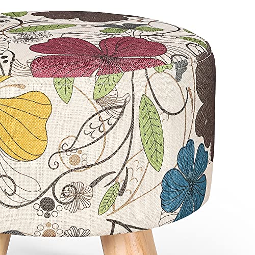 Asense Round Ottoman Foot Rest Stool Linen Fabric Padded Small Seat Ottoman With Non-Skid Wooden Legs (Flowers) #TOP4