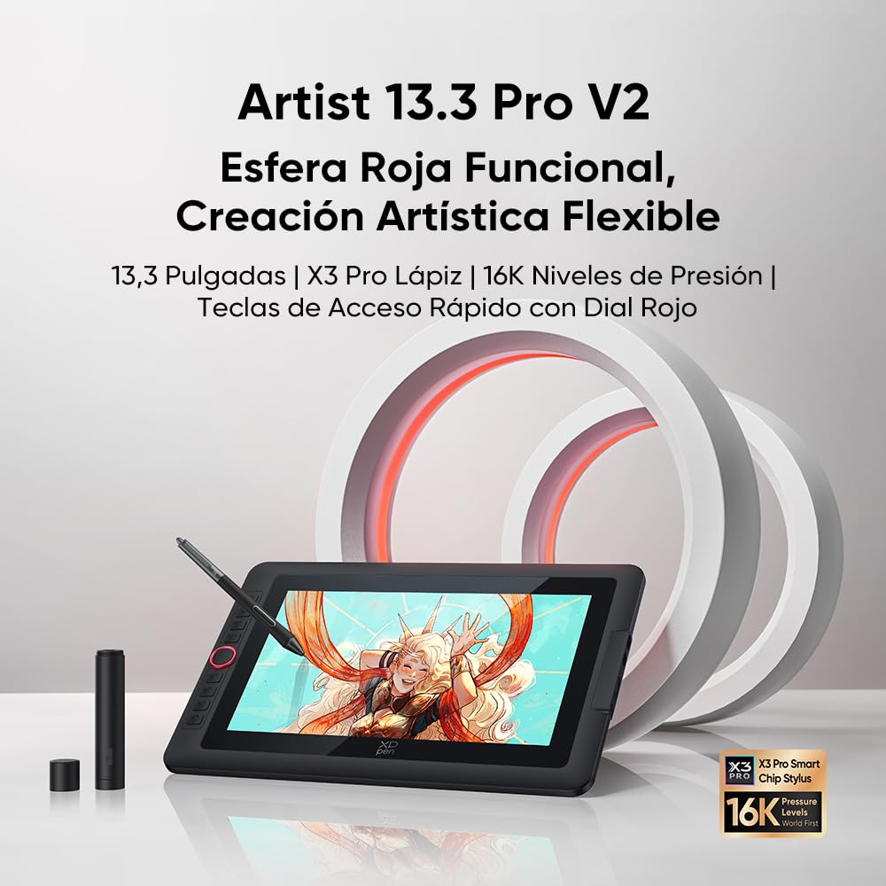 XPPen Artist 13.3 Pro V2 Tableta Gráfica con Pantalla con X3 Pro Chip Inteligente 16K Niveles de Presión, Tableta Gráfica Dibujo Digital con 8 Teclas y 1 Dial, Pantalla 99% sRGB Completamente Laminada