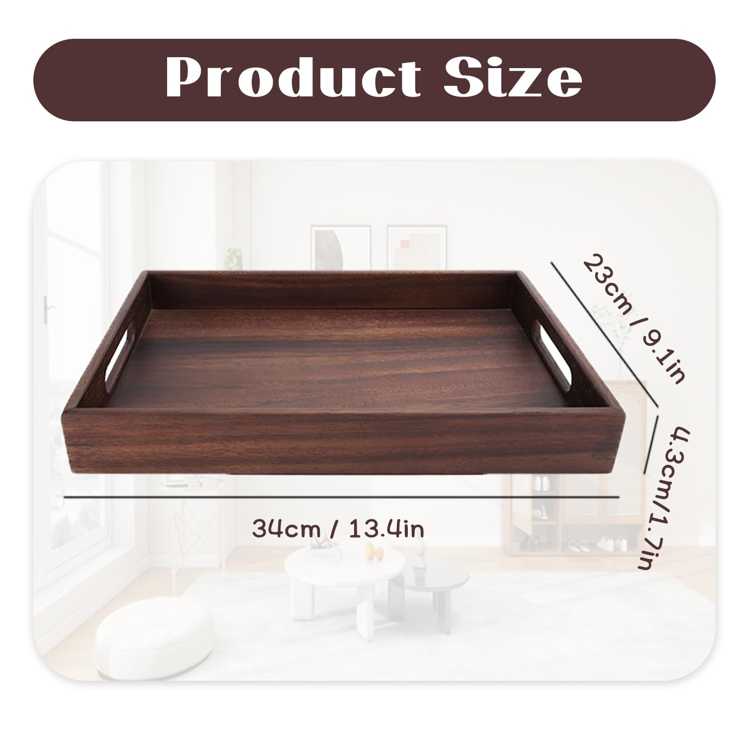 Rechthoekig walnoothouten Ottoman dienblad met handvat, 34x23x4,3cm/13,4x9, 1x1,7 inch houten walnoot theehouder, serveer thee, koffie of ontbijt op bed, klassiek houten decoratief dienblad